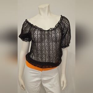 Per Una Brown Lace Cropped Blouse With 3/4 Puff Sleeves M